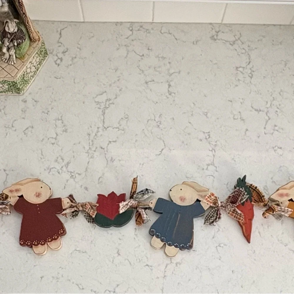 Wooden Bunny Garland with Tulip Accents - Red, Blue, Green 6 ft